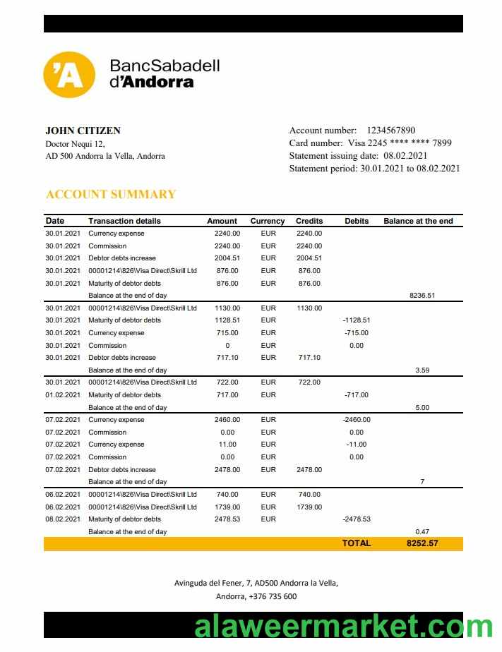 Andorra BancSabadell d’Andorra bank statement template in Excel and PDF format